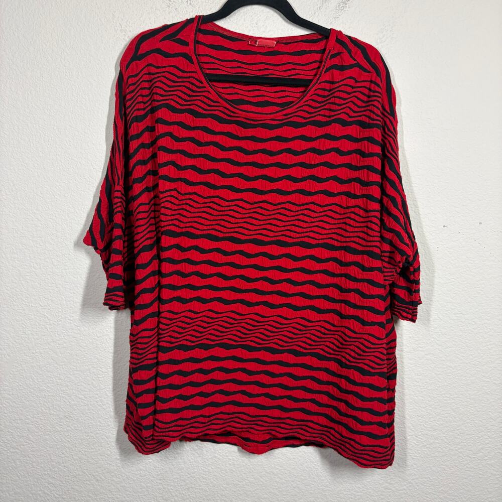 Tianello Womens Size Small Chili Blouse Red Black Stripe Layering Pullover